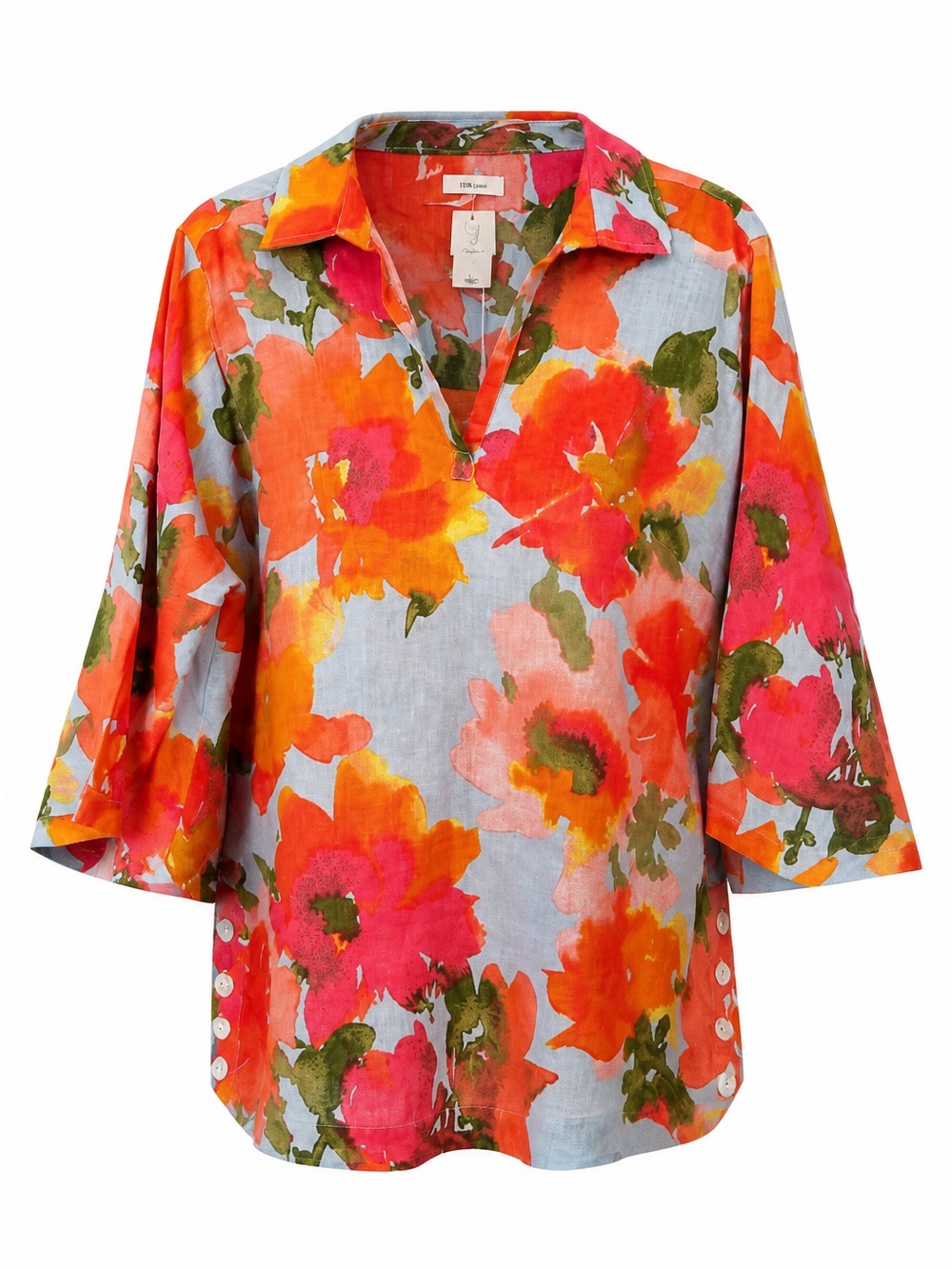 Joie 100% Linen Floral Tunic Blouse 1X NWT Side Button Colorful